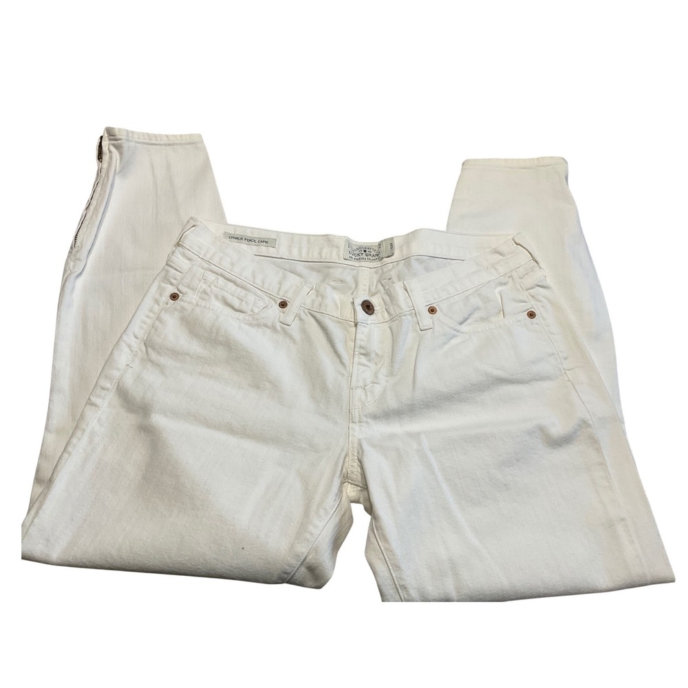 Lucky Brand Charlie Pencil‎ Capri Women Size 29 White Denim Ankle Zip Jeans